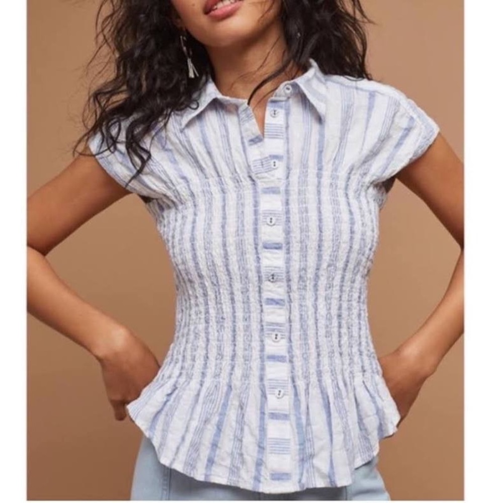 Maeve smocked blue stripes button up short slv top
